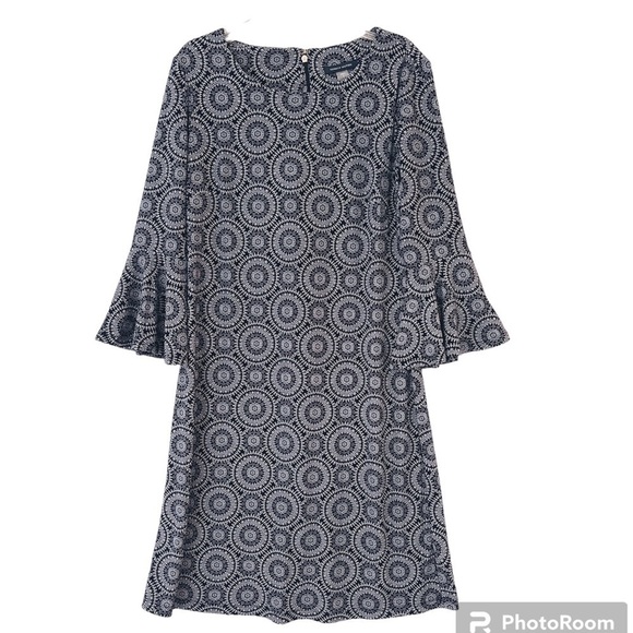 Tommy Hilfiger 3/4 Bell Sleeve Geometric Print Shift Dress Navy/Cream Size 6 - Picture 1 of 13